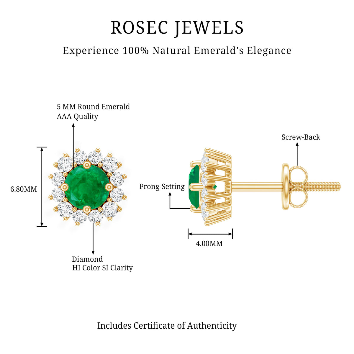 Classic Emerald Stud Earrings with Diamond Halo AAA - Rosec Jewels