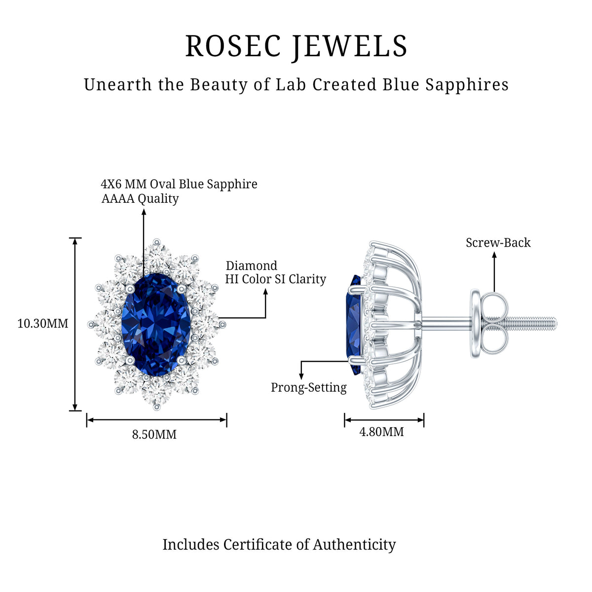Rosec Jewels-Oval Shaped Lab Grown Blue Sapphire and Diamond Halo Stud Earrings
