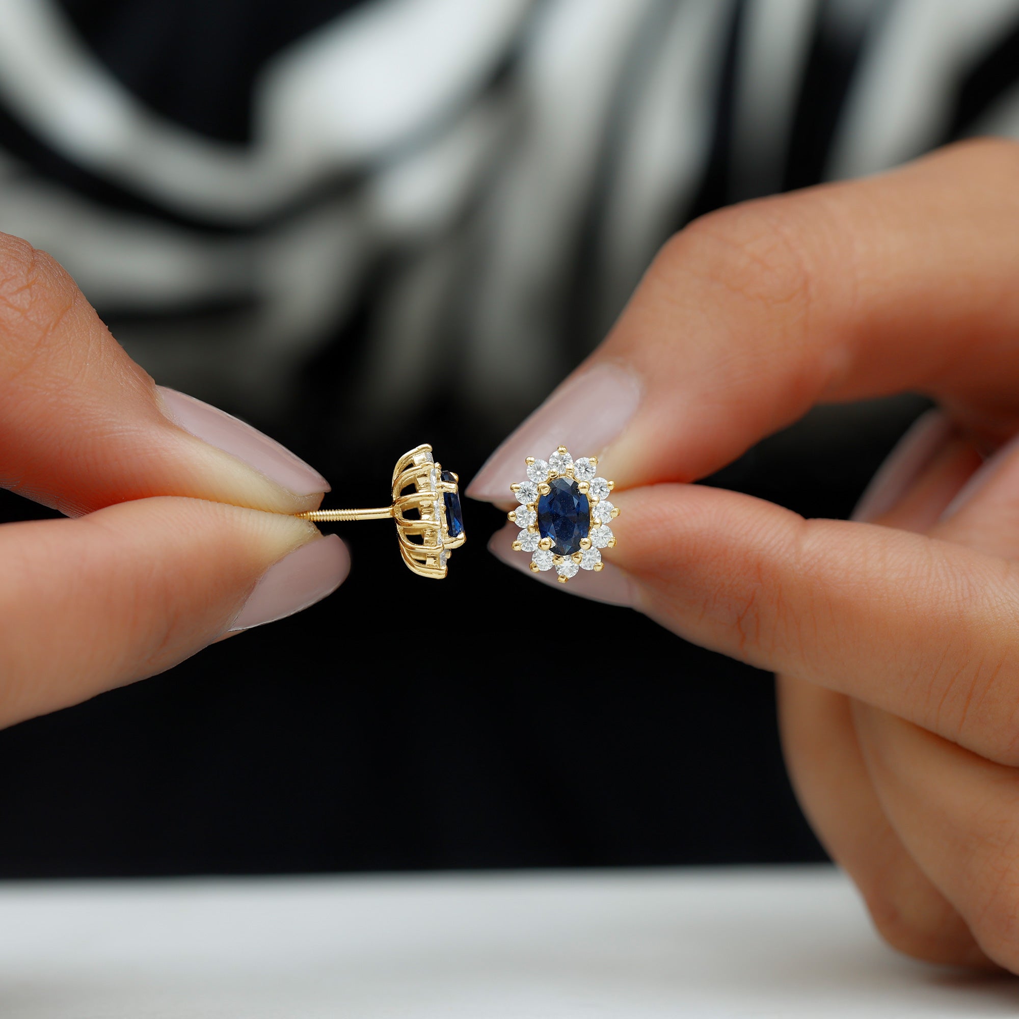Oval Cut Created Blue Sapphire and Diamond Sunburst Stud Earrings Lab Created Blue Sapphire - ( AAAA ) - Quality - Rosec Jewels