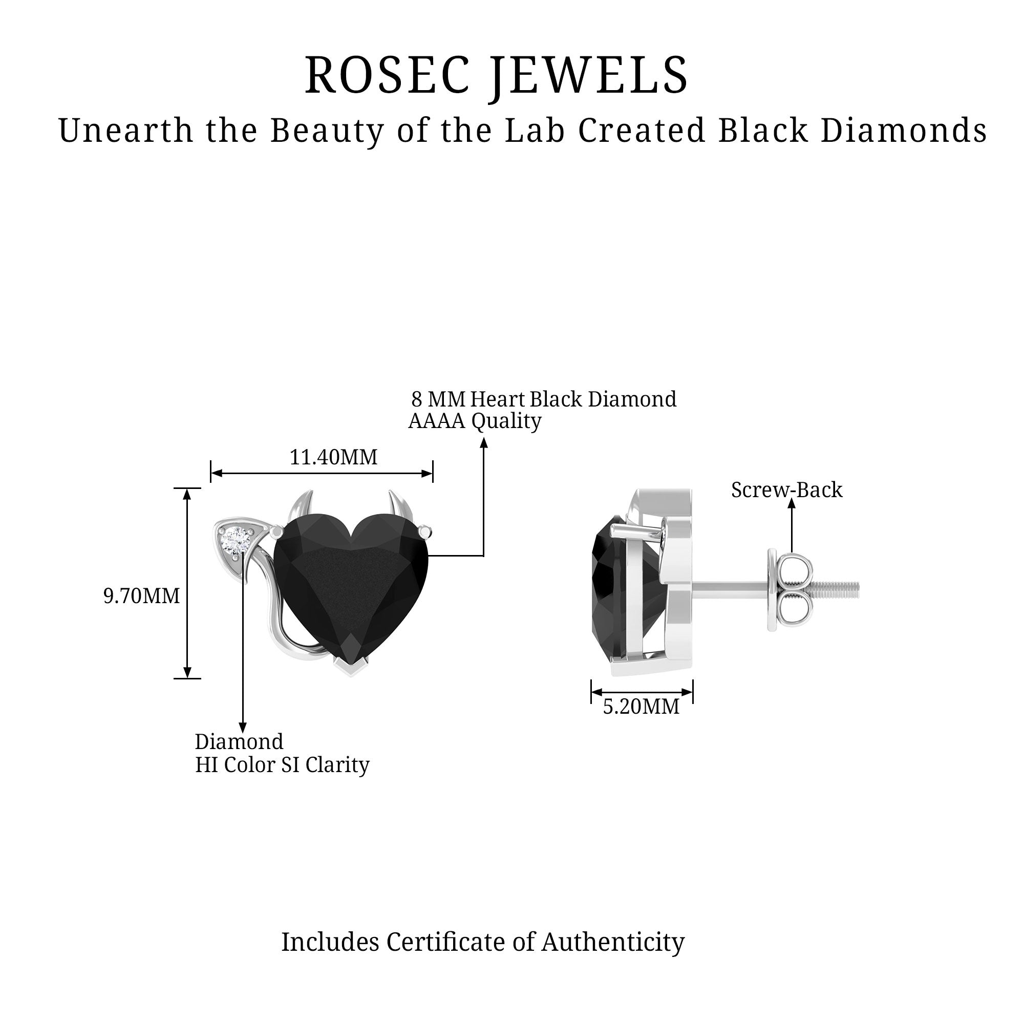 Heart Shape Lab Grown Black Diamond Gothic Stud Earrings with Diamond Lab Created Black Diamond - ( AAAA ) - Quality - Rosec Jewels