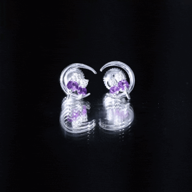 Natural Amethyst and Diamond Cat on Moon Stud Earrings AAA - Rosec Jewels