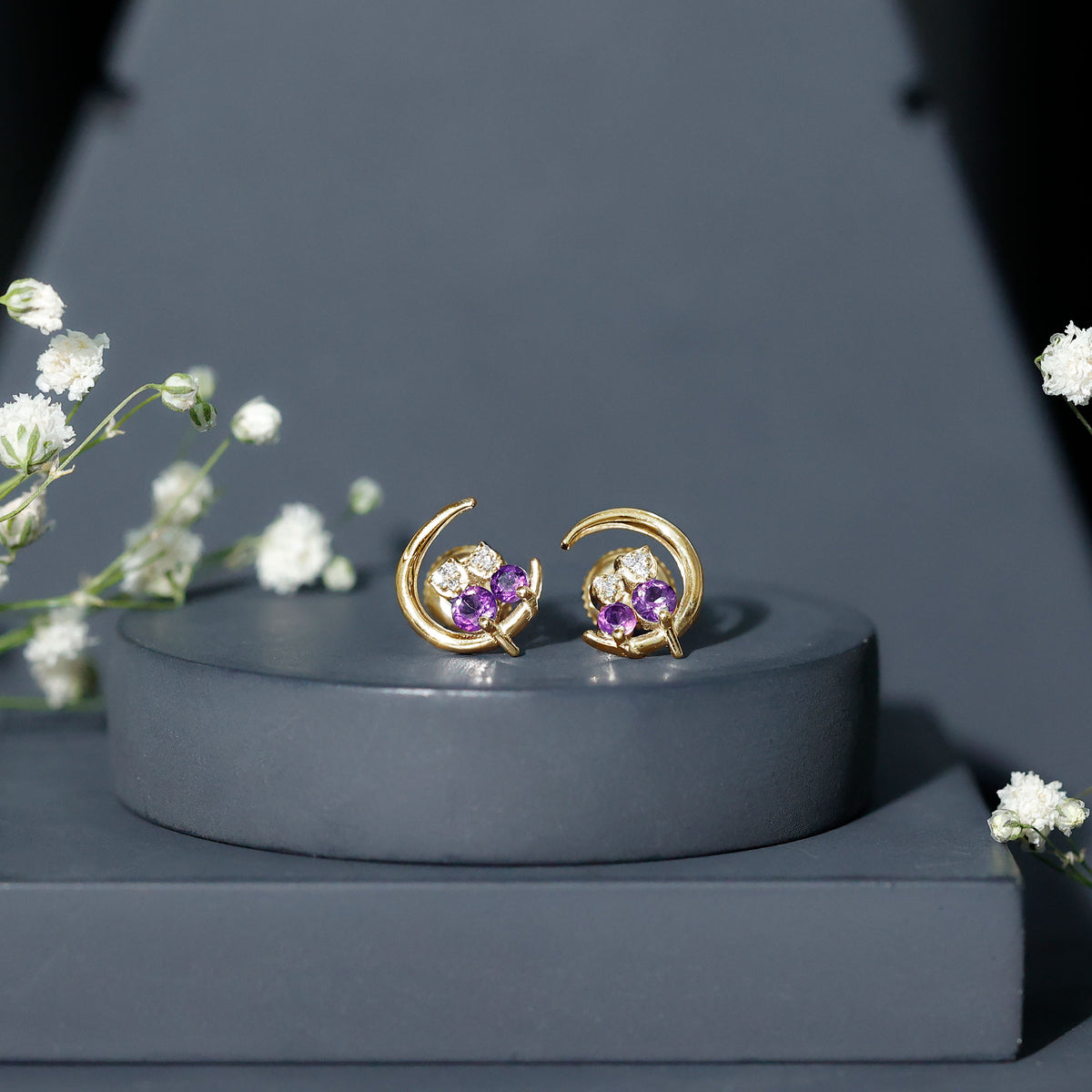 Natural Amethyst and Diamond Cat on Moon Stud Earrings AAA - Rosec Jewels