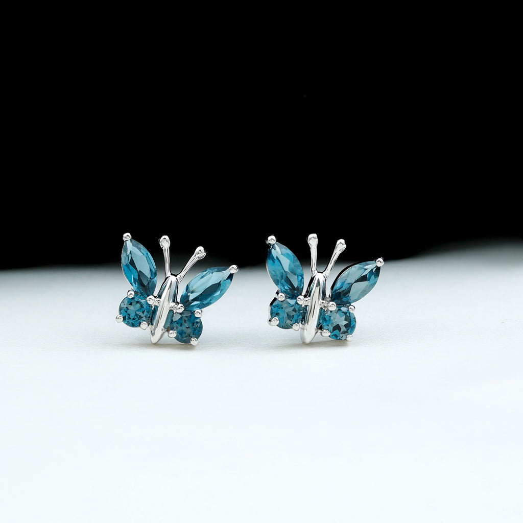 2 CT Butterfly Stud Earrings with Round and Marquise Cut London Blue Topaz London Blue Topaz - ( AAA ) - Quality - Rosec Jewels