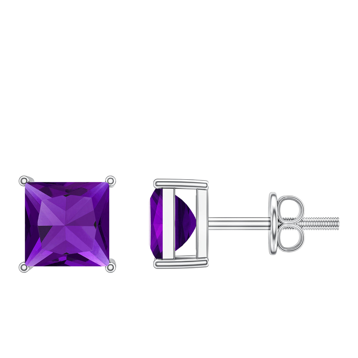 Natural Amethyst Princess Cut Earrings with Screw Back AAA - Rosec Jewels