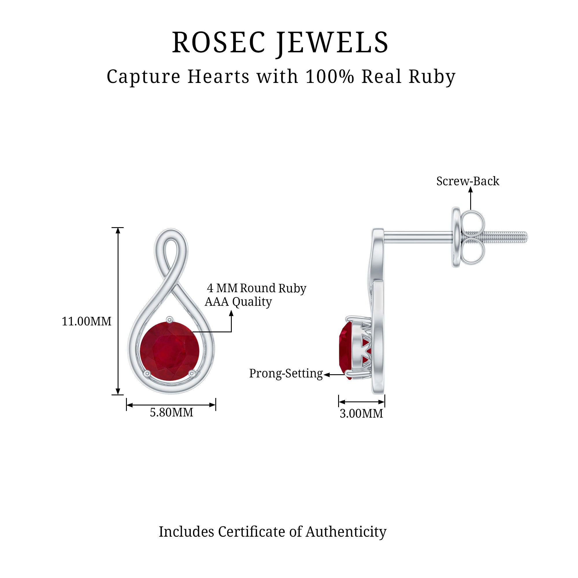 1/2 CT Round Cut Ruby Solitaire Infinity Stud Earrings Ruby - ( AAA ) - Quality - Rosec Jewels