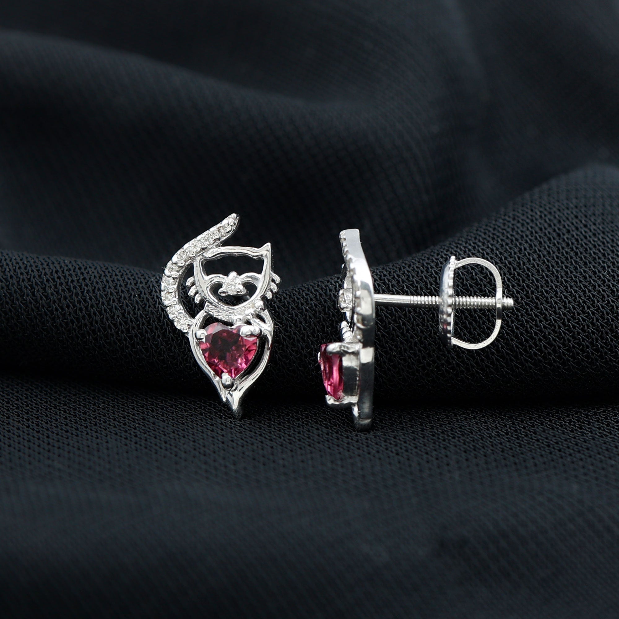 1/4 CT Heart Shape Pink Tourmaline and Diamond Cat Stud Earring Pink Tourmaline - ( AAA ) - Quality - Rosec Jewels
