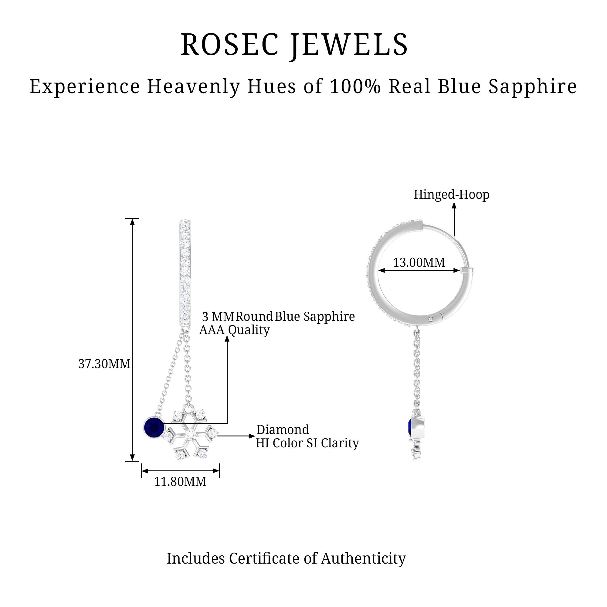 1.5 CT Blue Sapphire Dangle Hoop Earrings with Diamond Snowflake Blue Sapphire - ( AAA ) - Quality - Rosec Jewels