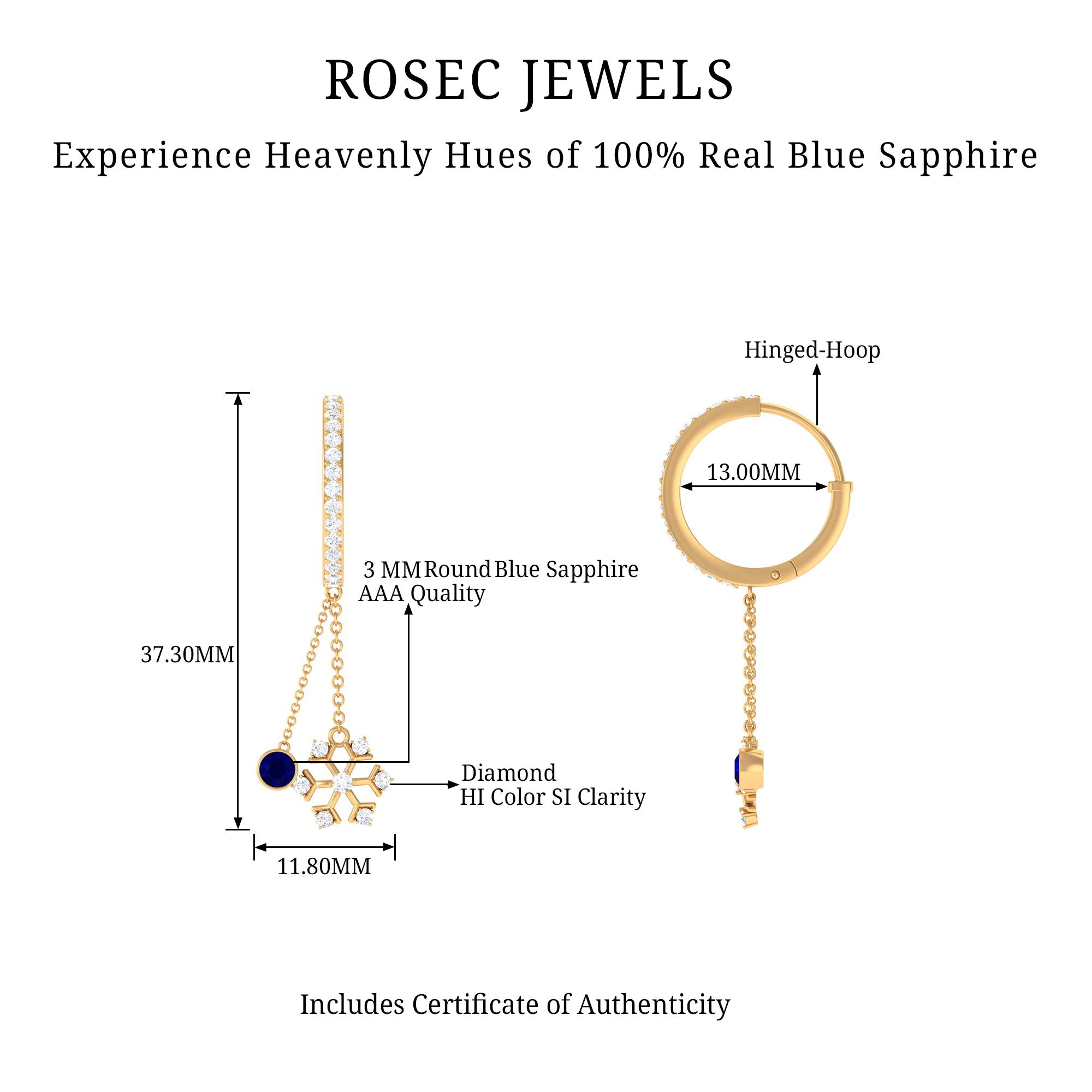 1.5 CT Blue Sapphire Dangle Hoop Earrings with Diamond Snowflake Blue Sapphire - ( AAA ) - Quality - Rosec Jewels
