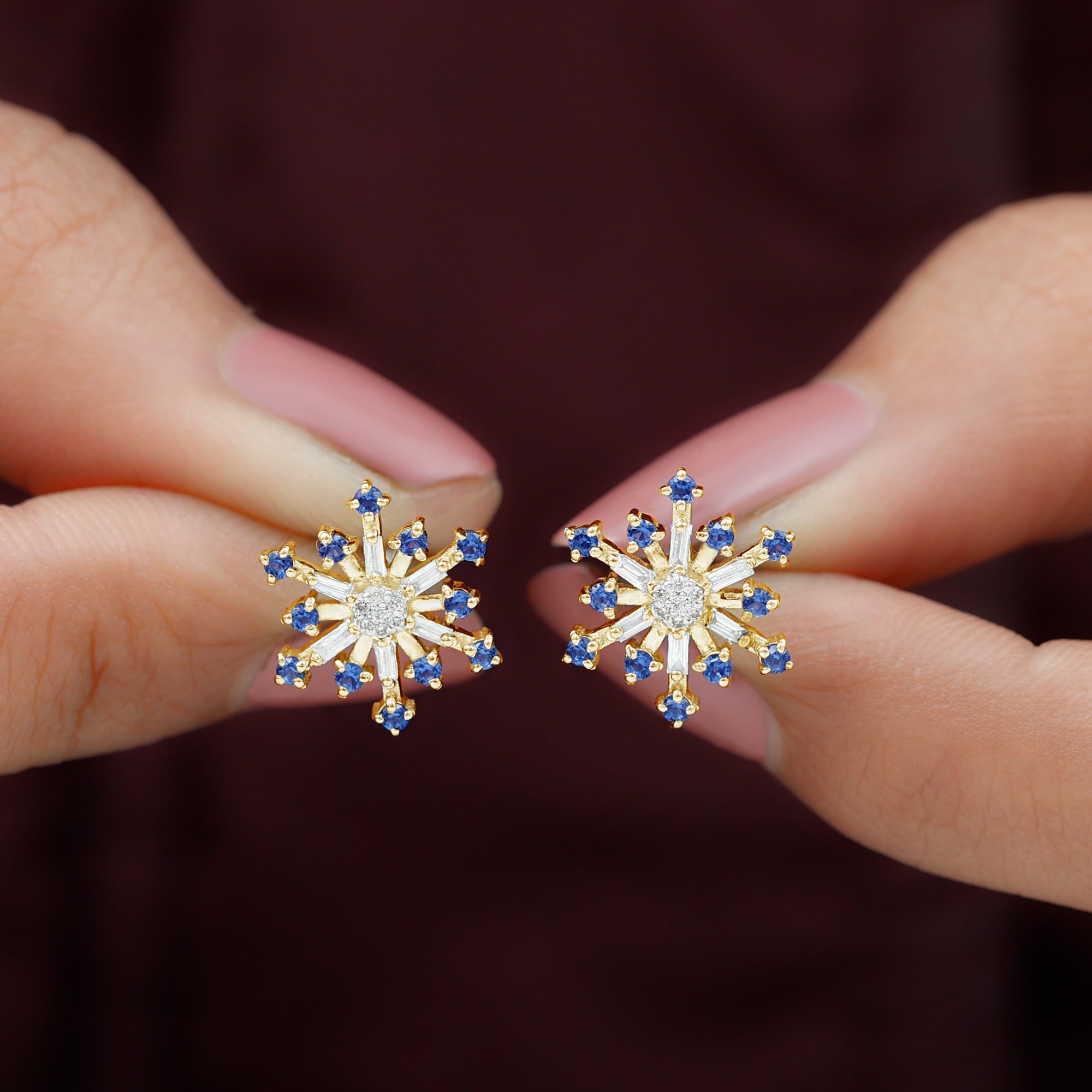 Lab Grown Blue Sapphire and Diamond Snowflake Stud Earrings Lab Created Blue Sapphire - ( AAAA ) - Quality - Rosec Jewels