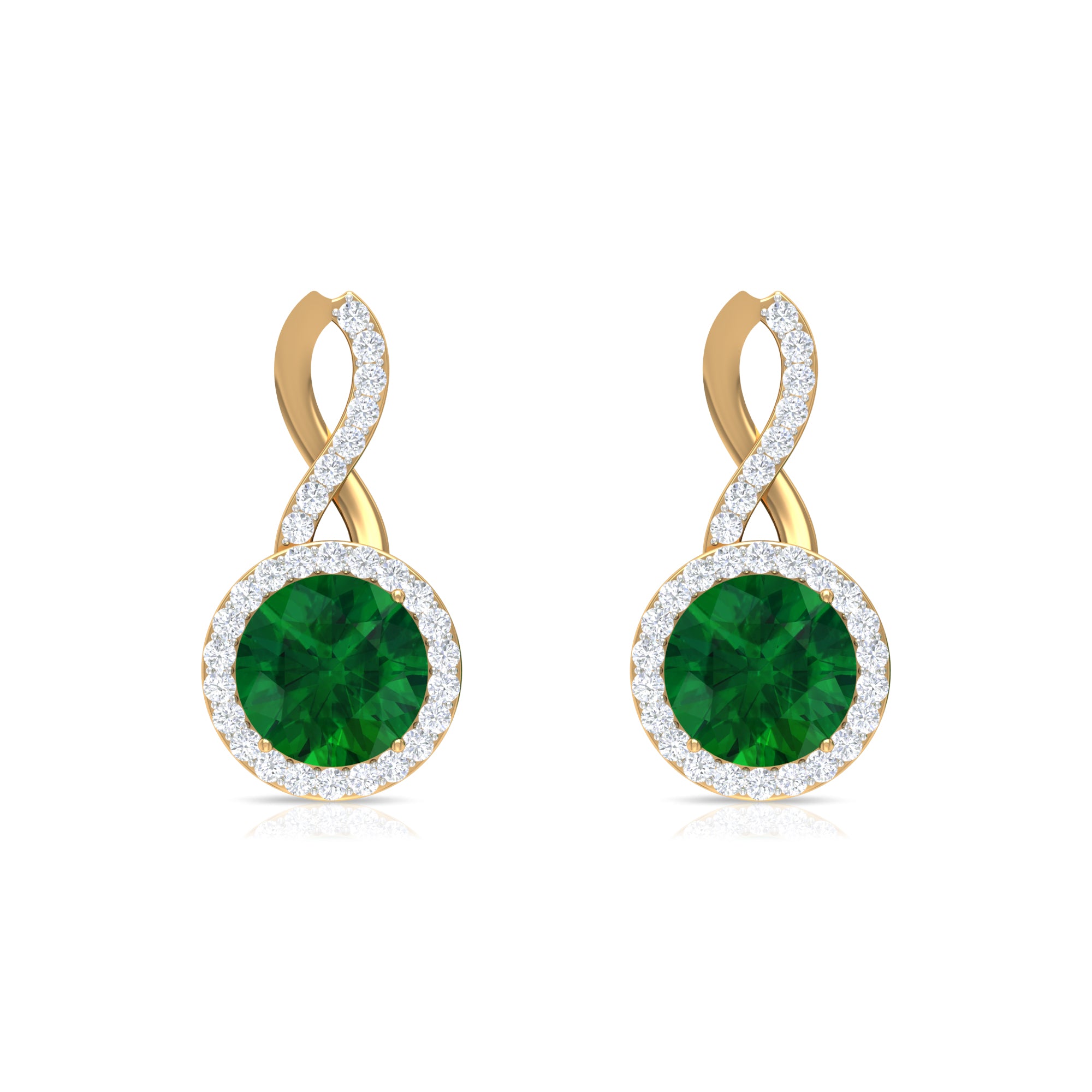 Round Emerald and Diamond Infinity Stud Earrings Emerald - ( AAA ) - Quality - Rosec Jewels