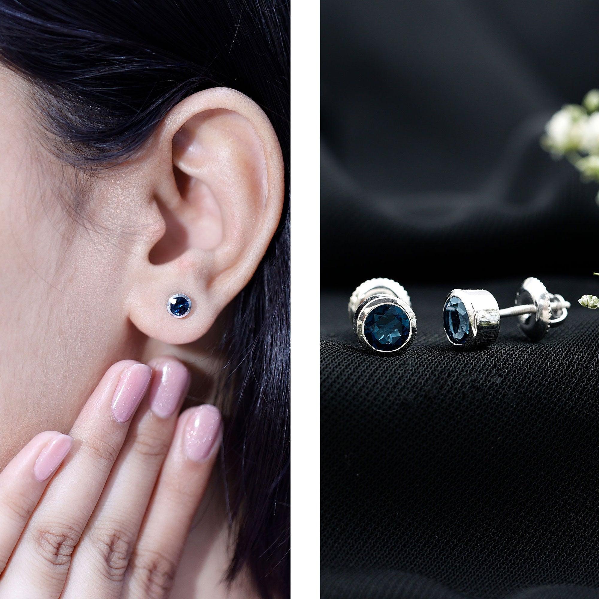 1.2 Carat Round Cut London Blue Topaz Solitaire Stud Earrings in Bezel Setting AAA - Rosec Jewels