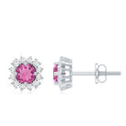 Natural Pink Tourmaline Stud Earrings with Diamond Halo AAA - Rosec Jewels