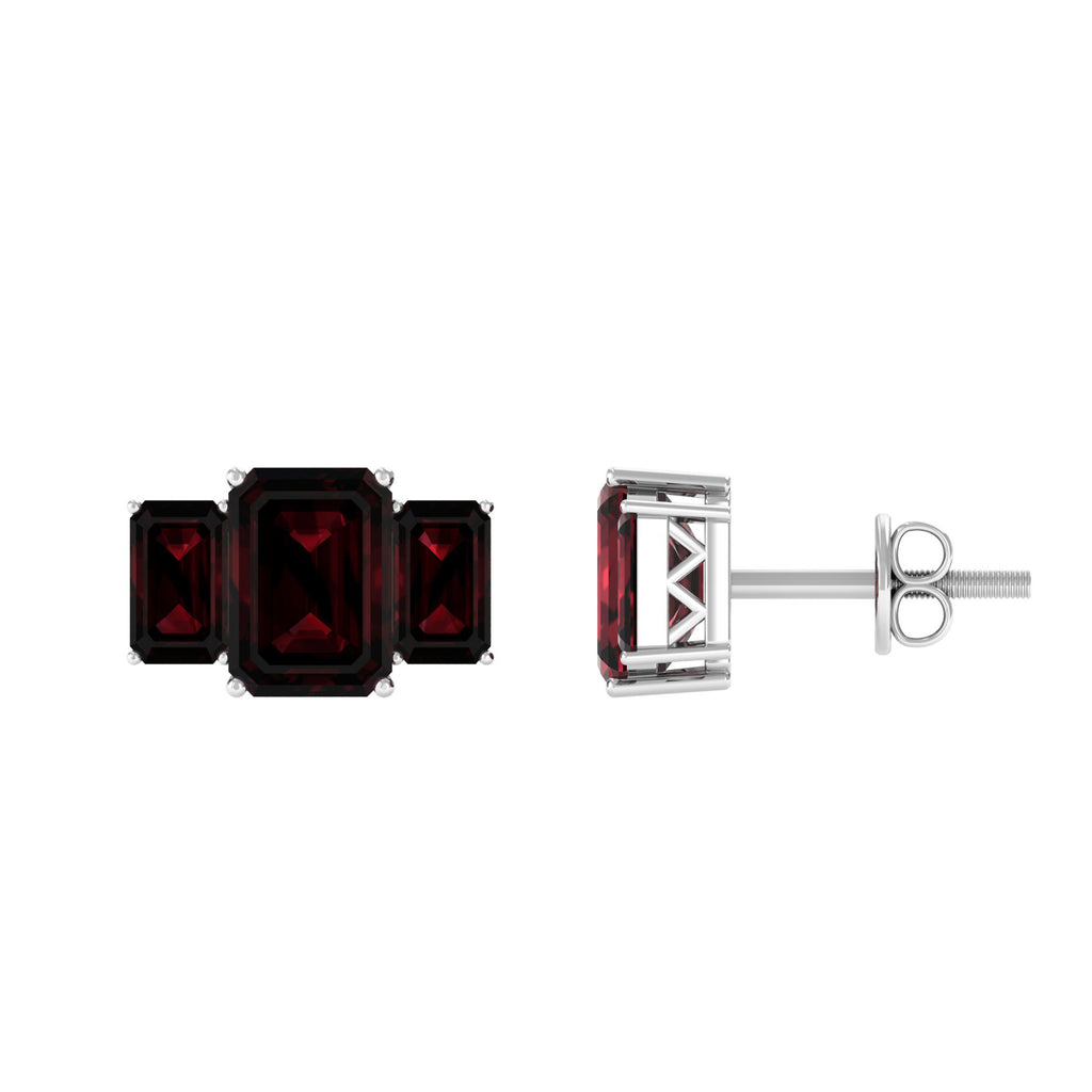 4 CT Octagon Cut Garnet Three Stone Stud Earrings Garnet - ( AAA ) - Quality - Rosec Jewels