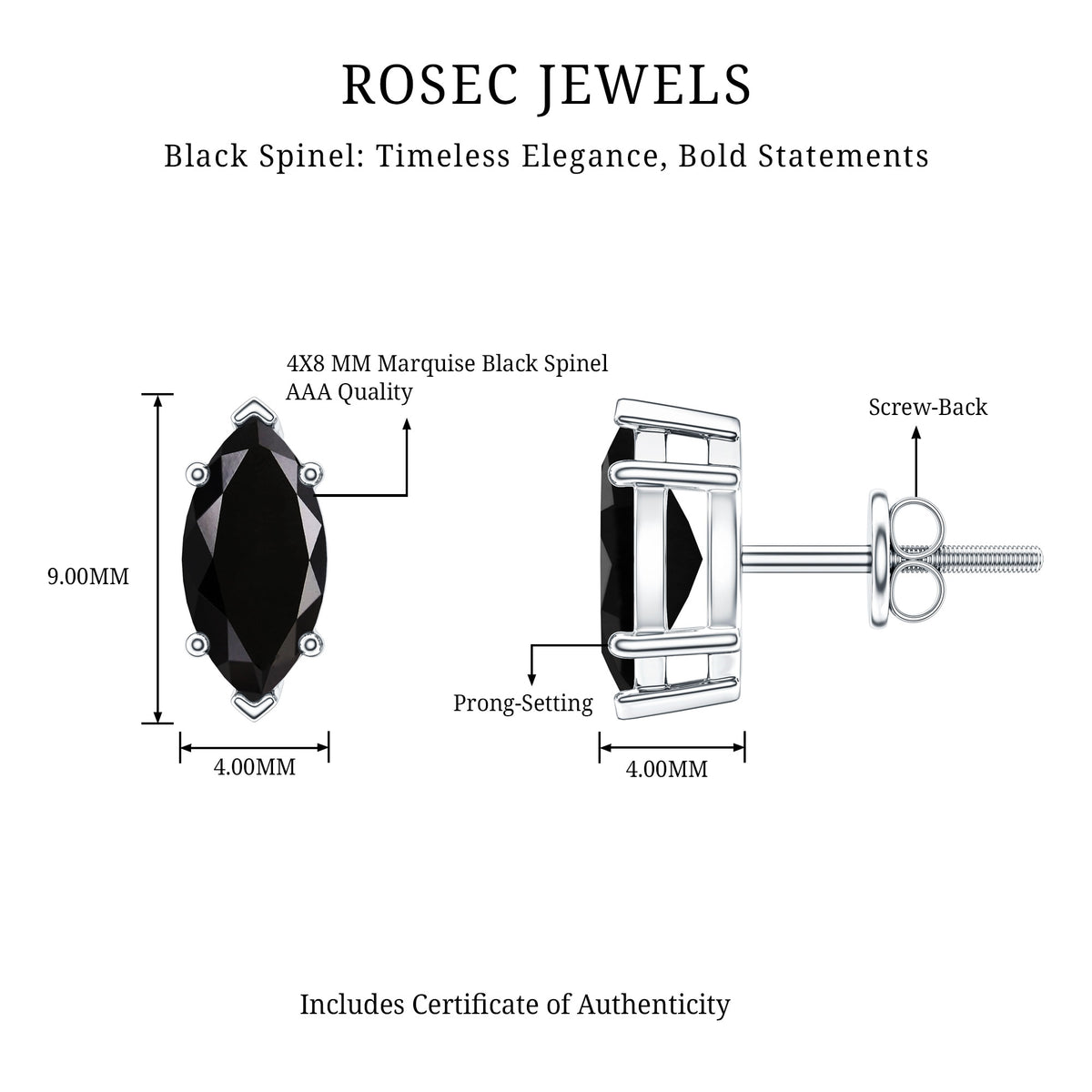 1.4 CT Marquise Black Spinel Solitaire Stud Earrings AAA - Rosec Jewels