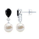 Natural Elegant Pearl Dangle Earrings with Black Onyx AAA 92.5 Sterling Silver - Rosec Jewels