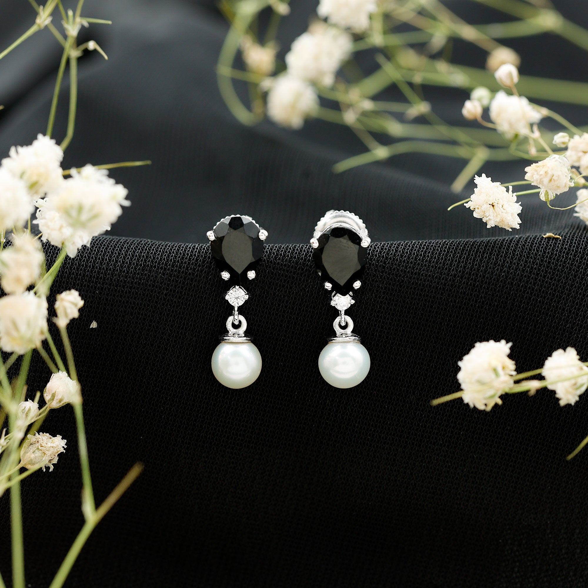 Natural Elegant Pearl Dangle Earrings with Black Onyx AAA 92.5 Sterling Silver - Rosec Jewels