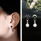 Natural Elegant Pearl Dangle Earrings with Black Onyx AAA 92.5 Sterling Silver - Rosec Jewels