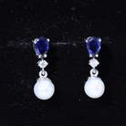 3.75 CT Created Blue Sapphire and Moissanite Dangle Earrings with Freshwater Pearl Drop Freshwater Pearl - ( AAA ) - Quality - Rosec Jewels