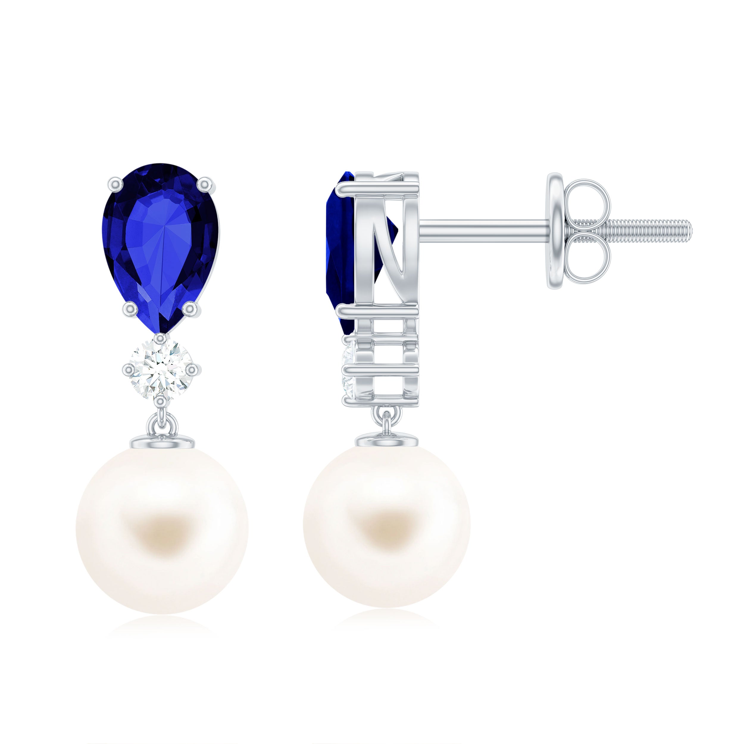 Created Blue Sapphire and Freshwater Pearl Dangle Earrings – Rosec