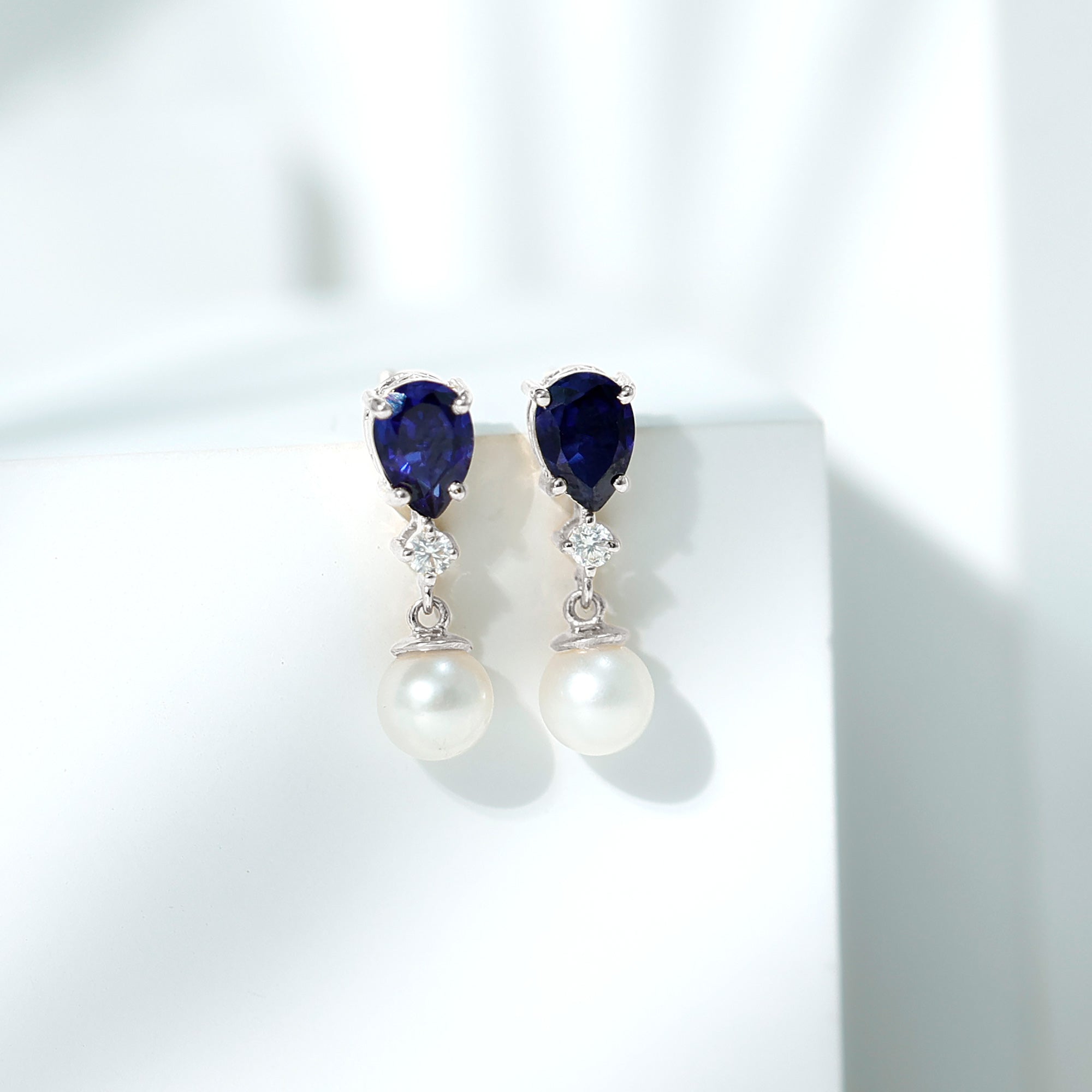 Created Blue Sapphire and Freshwater Pearl Dangle Earrings – Rosec