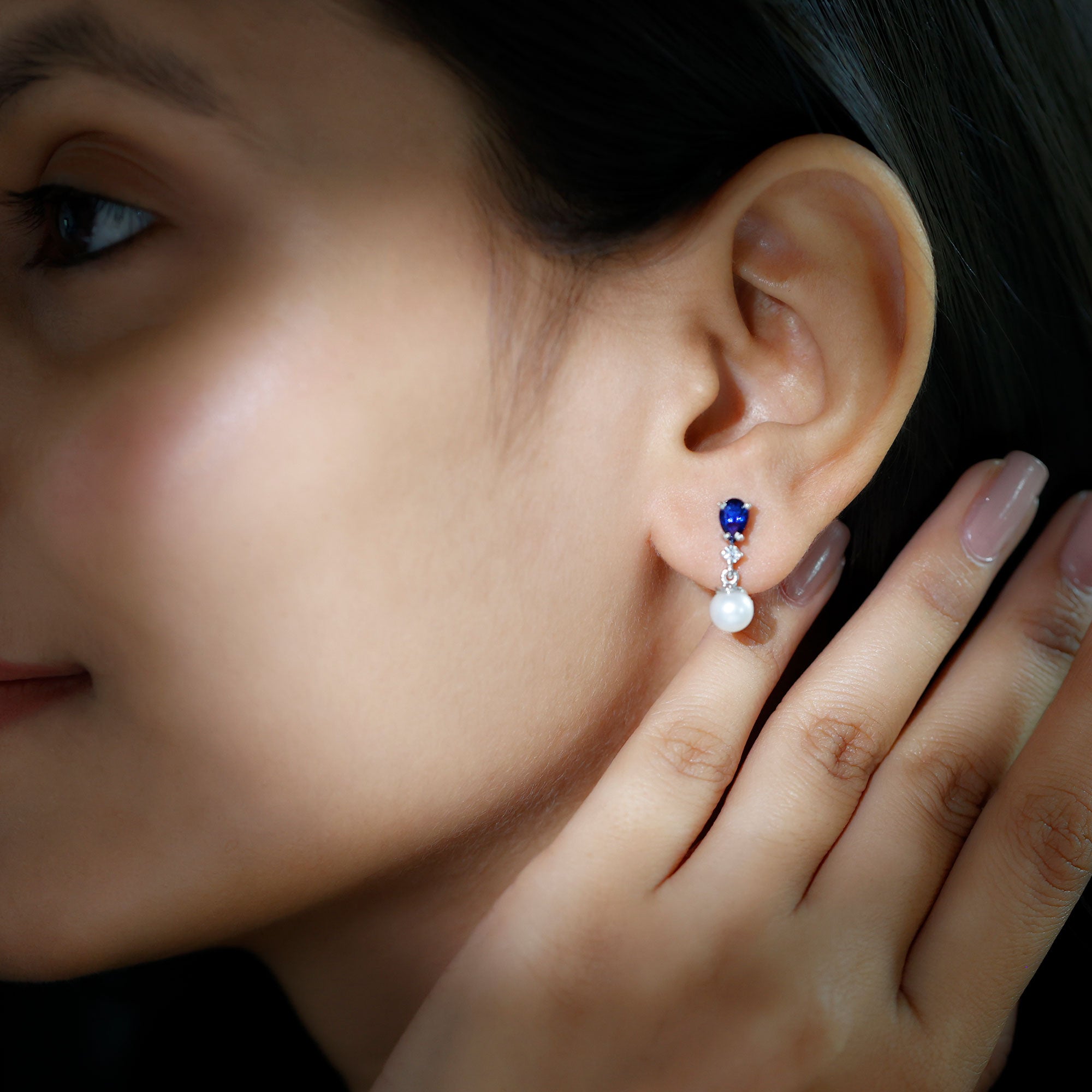 Created Blue Sapphire and Freshwater Pearl Dangle Earrings – Rosec
