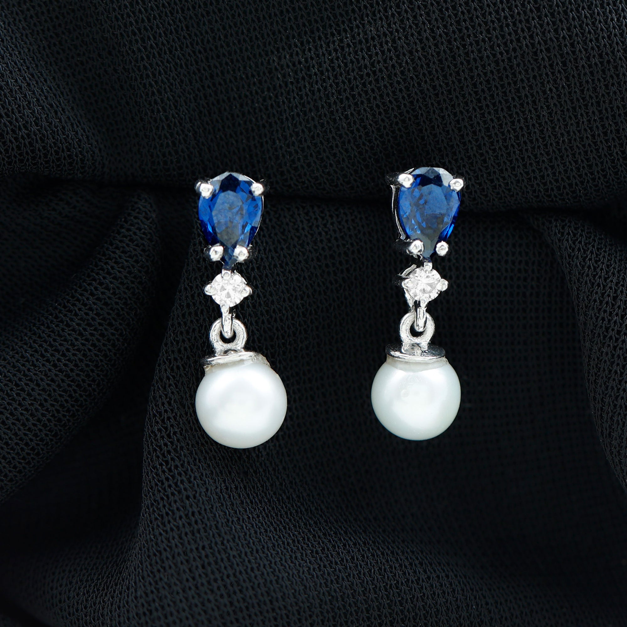 3.75 CT Created Blue Sapphire and Moissanite Dangle Earrings with Freshwater Pearl Drop Freshwater Pearl - ( AAA ) - Quality - Rosec Jewels