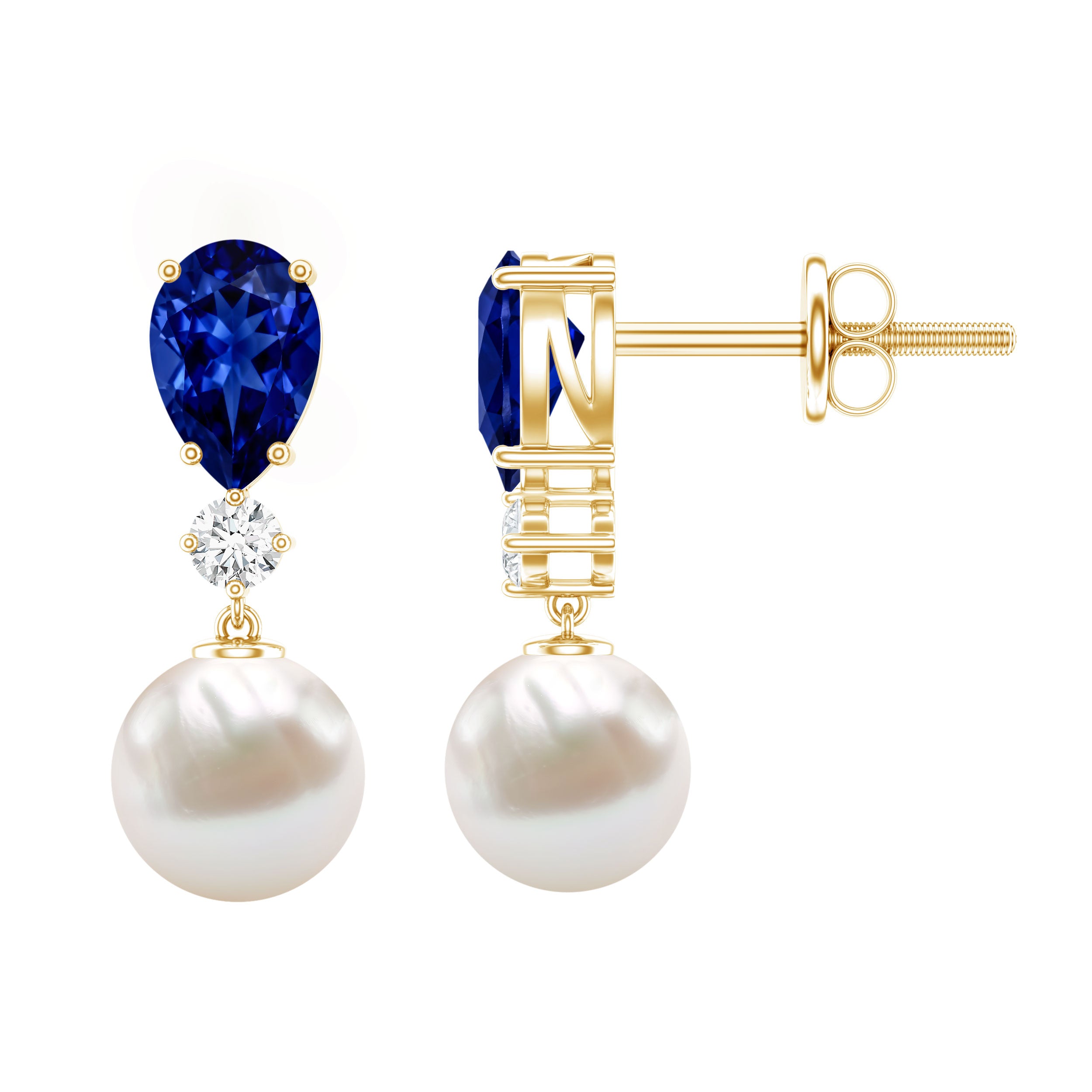Created Blue Sapphire and Freshwater Pearl Dangle Earrings – Rosec