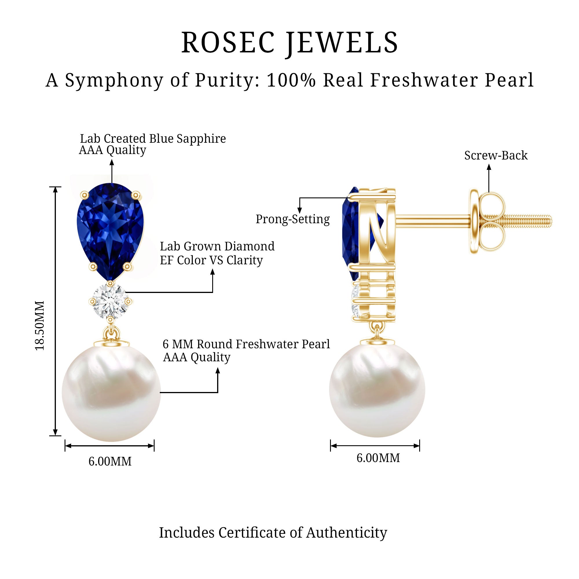 Created Blue Sapphire and Freshwater Pearl Dangle Earrings – Rosec