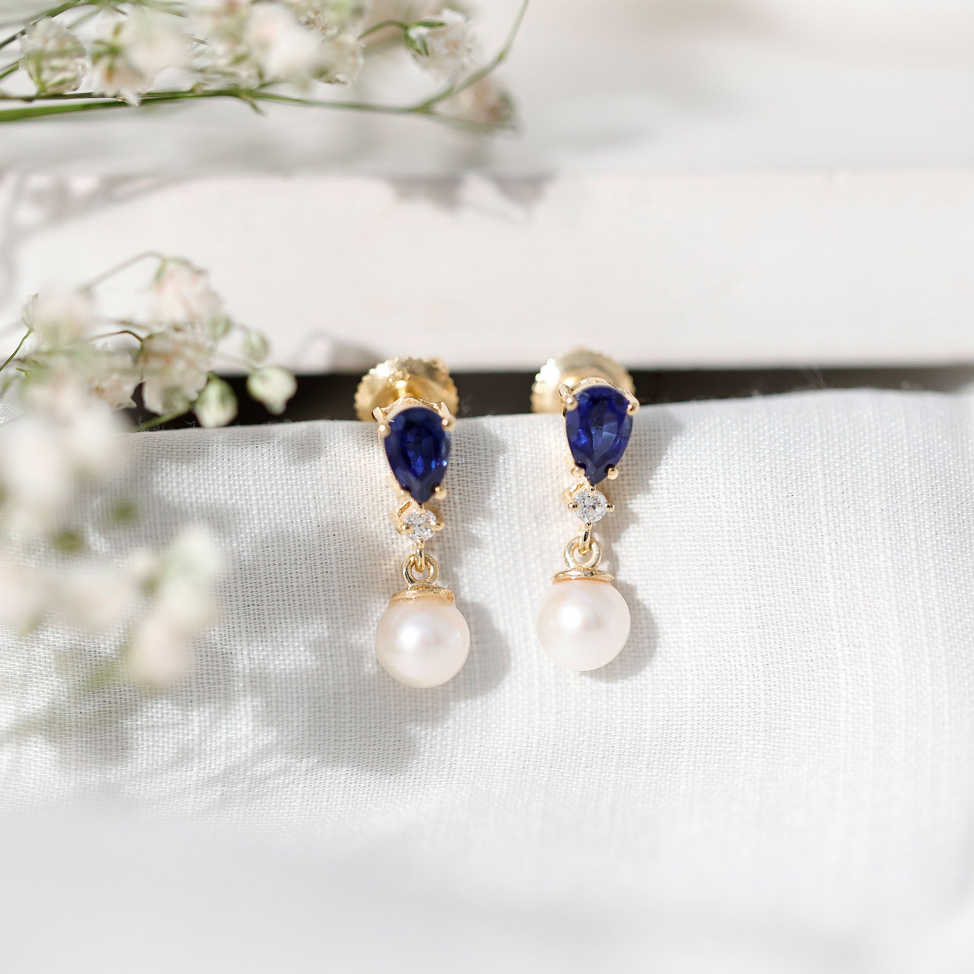 Created Blue Sapphire and Freshwater Pearl Dangle Earrings – Rosec