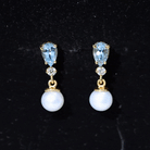 Certified Pearl Wedding Drop Earrings with Aquamarine AAA 92.5 Sterling Silver - Rosec Jewels