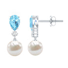 Certified Pearl Wedding Drop Earrings with Aquamarine AAA 92.5 Sterling Silver - Rosec Jewels