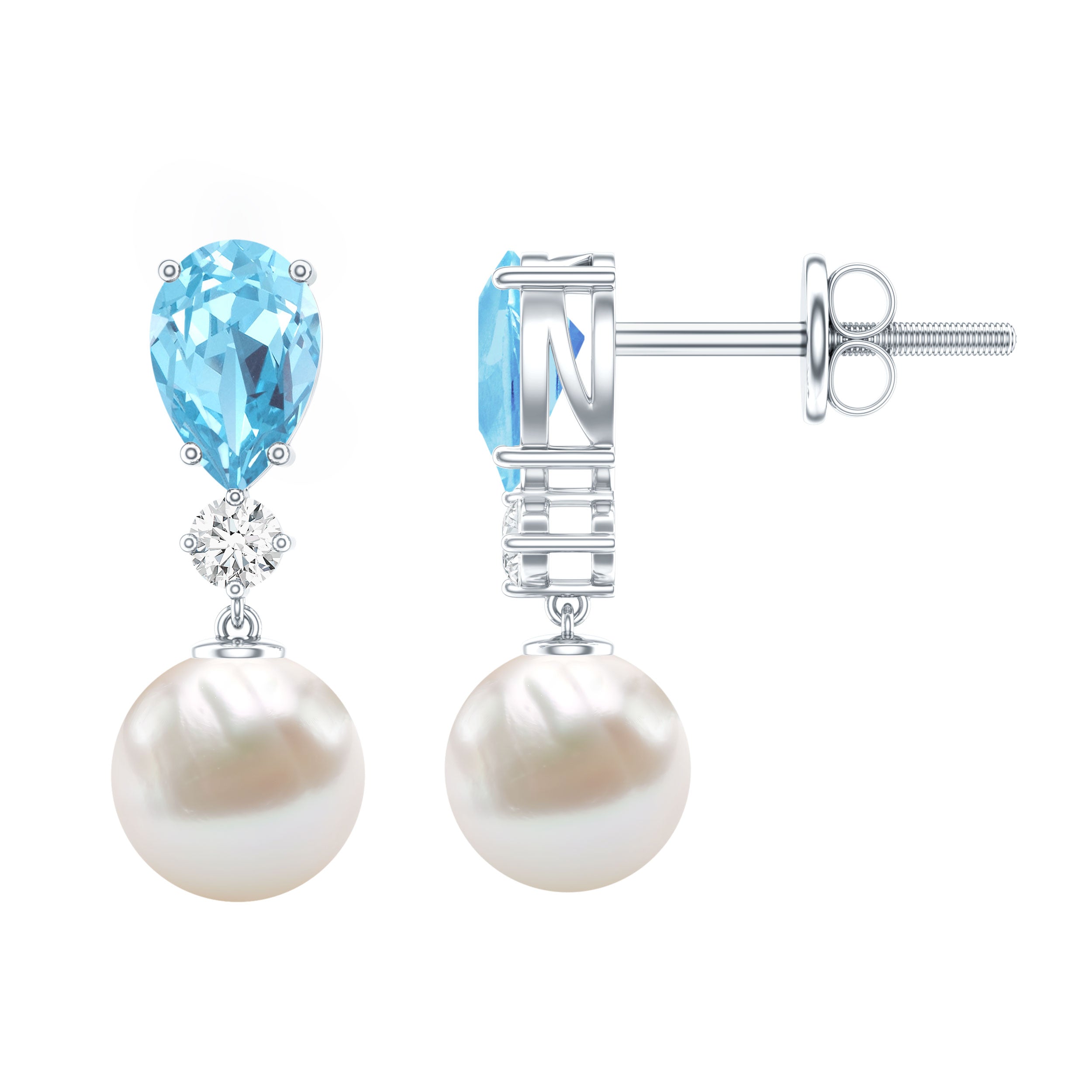 Certified Pearl Wedding Drop Earrings with Aquamarine AAA 92.5 Sterling Silver - Rosec Jewels