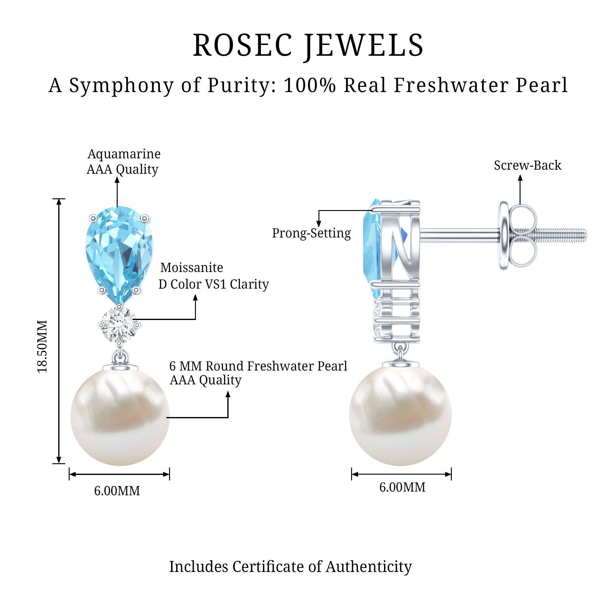 Certified Pearl Wedding Drop Earrings with Aquamarine AAA 92.5 Sterling Silver - Rosec Jewels