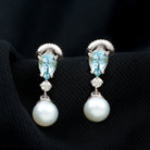 Certified Pearl Wedding Drop Earrings with Aquamarine AAA 92.5 Sterling Silver - Rosec Jewels