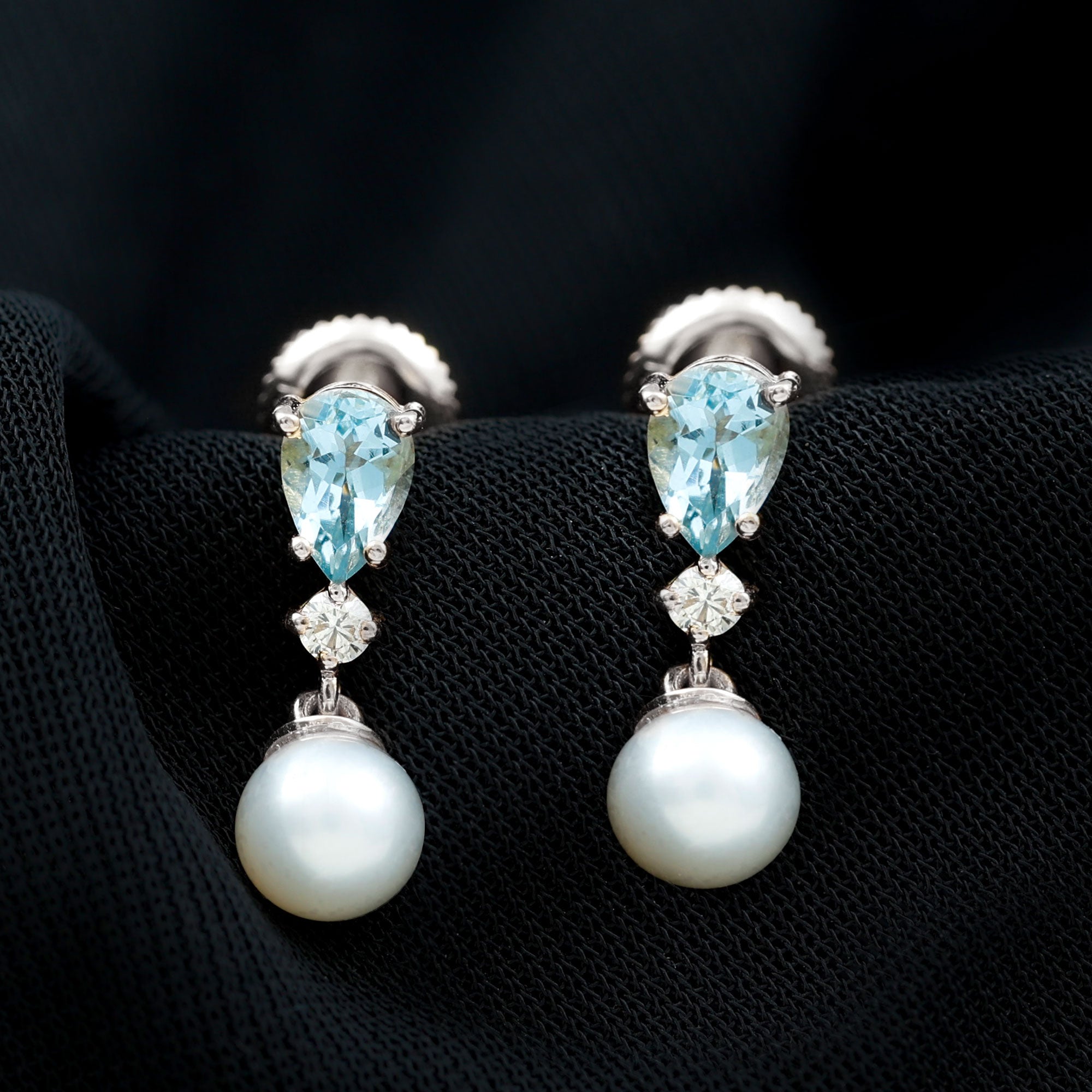 Certified Pearl Wedding Drop Earrings with Aquamarine AAA 92.5 Sterling Silver - Rosec Jewels
