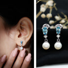 Certified Pearl Wedding Drop Earrings with Aquamarine AAA 92.5 Sterling Silver - Rosec Jewels