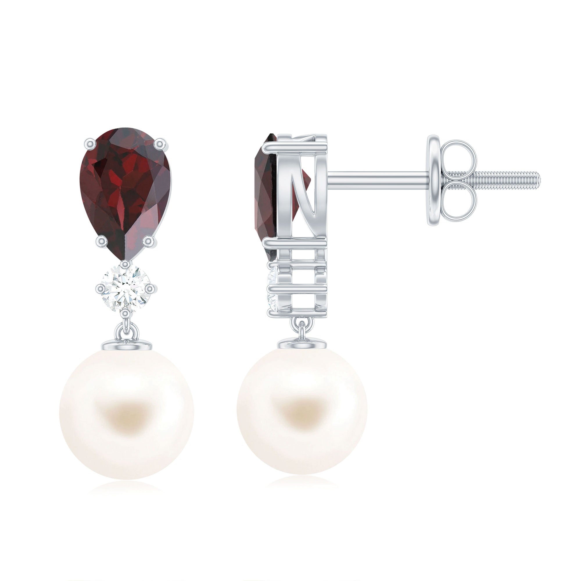 6.25 CT Pear Garnet and Freshwater Pearl Drop Earrings with Moissanite Freshwater Pearl - ( AAA ) - Quality 92.5 Sterling Silver - Rosec Jewels