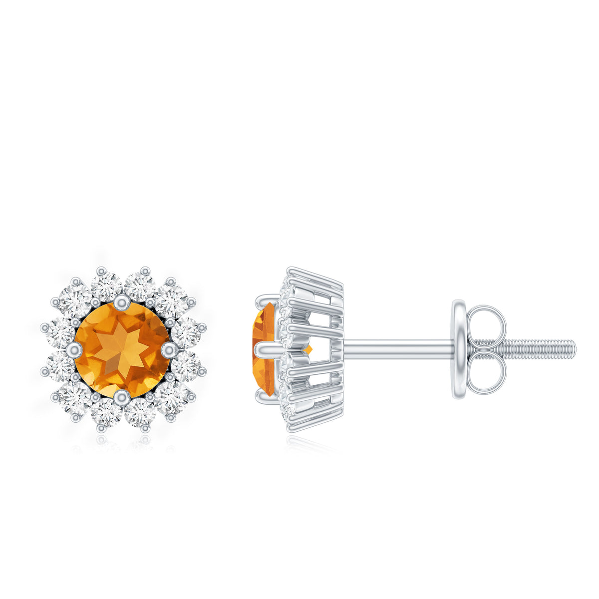 1 Carat Classic Yellow Citrine and Diamond Halo Stud Earrings AAA - Rosec Jewels