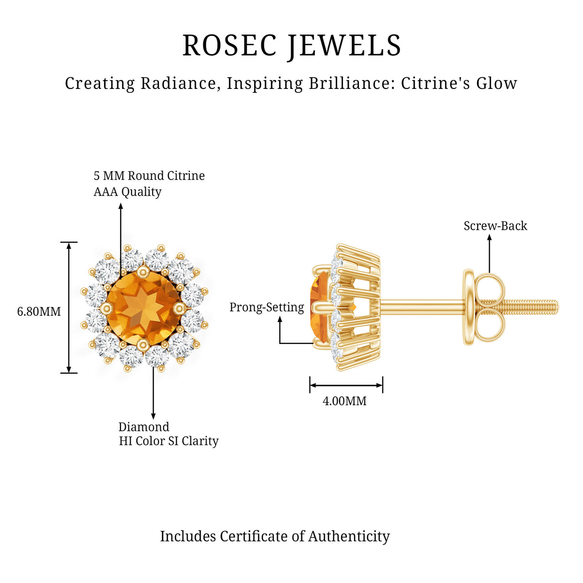 1 Carat Classic Yellow Citrine and Diamond Halo Stud Earrings AAA - Rosec Jewels