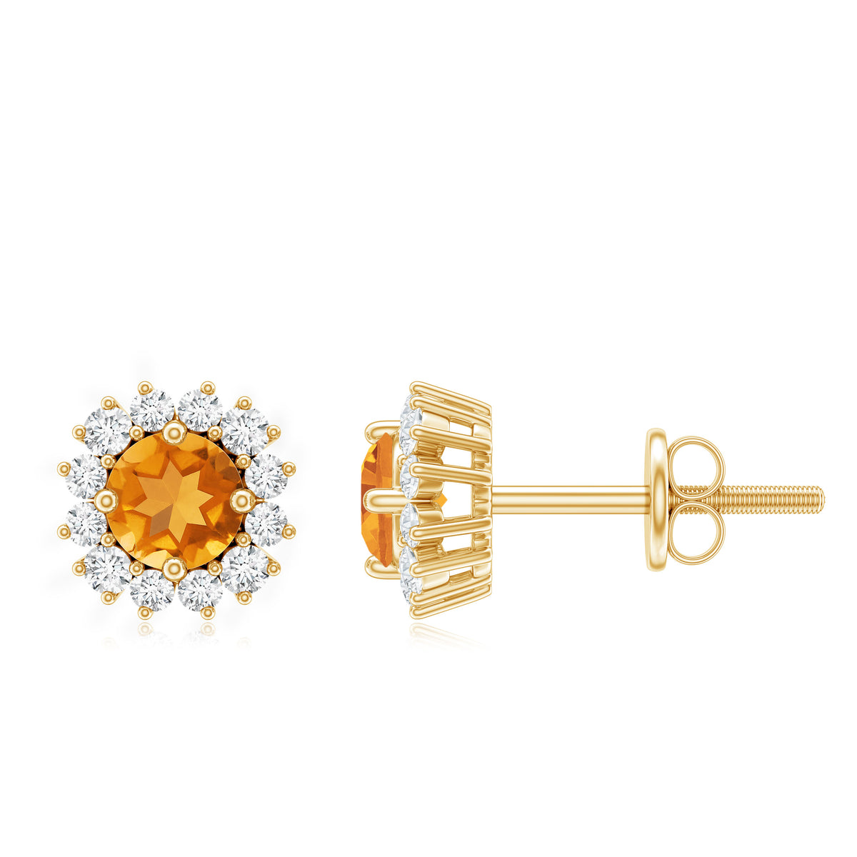 1 Carat Classic Yellow Citrine and Diamond Halo Stud Earrings AAA - Rosec Jewels