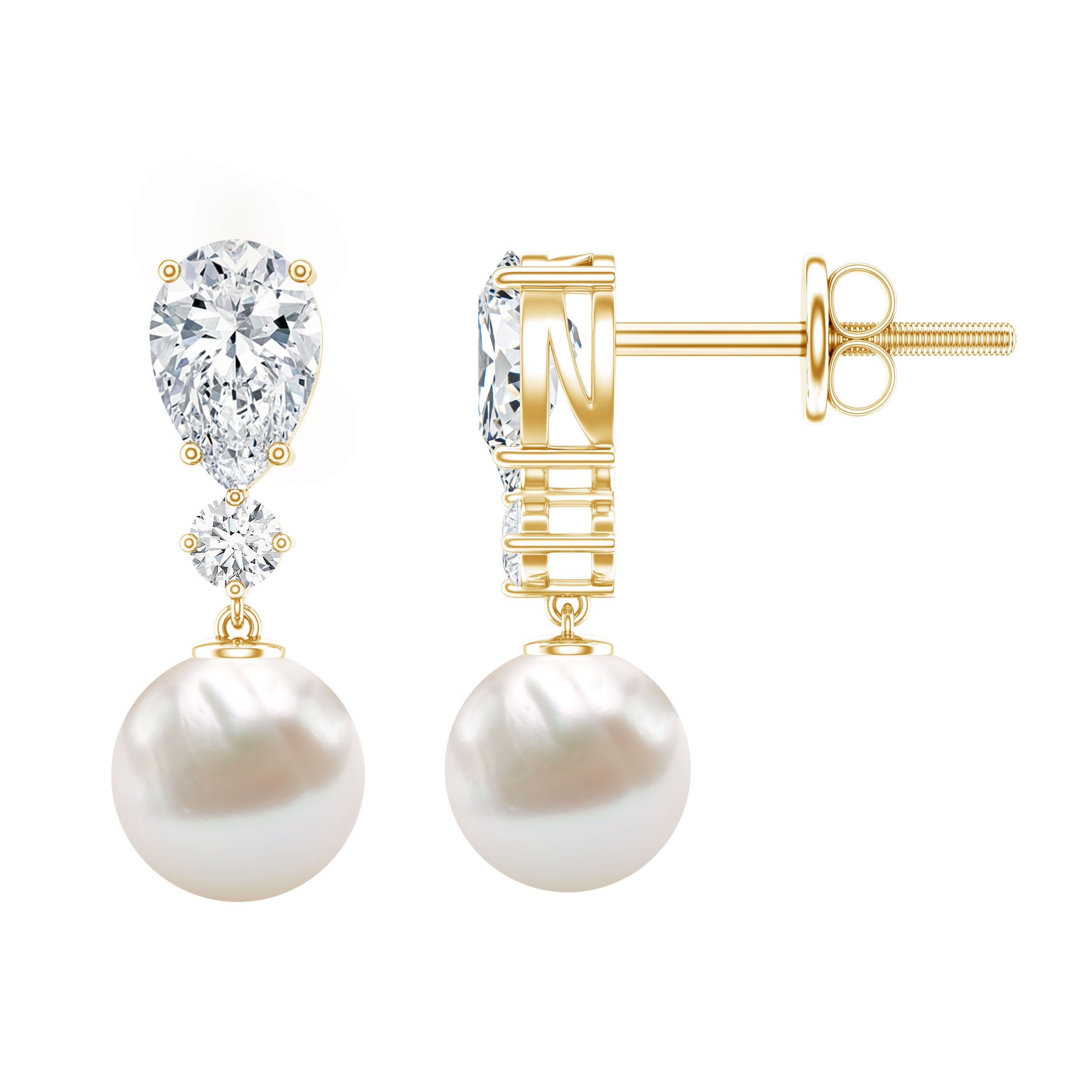 Moissanite and Freshwater Pearl Dangle Drop Earrings AAA - Rosec Jewels