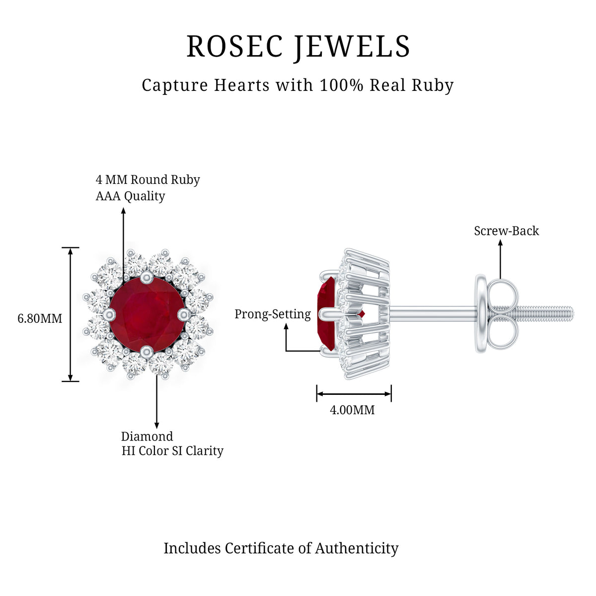 Genuine Ruby Stud Earrings with Diamond Halo AAA - Rosec Jewels