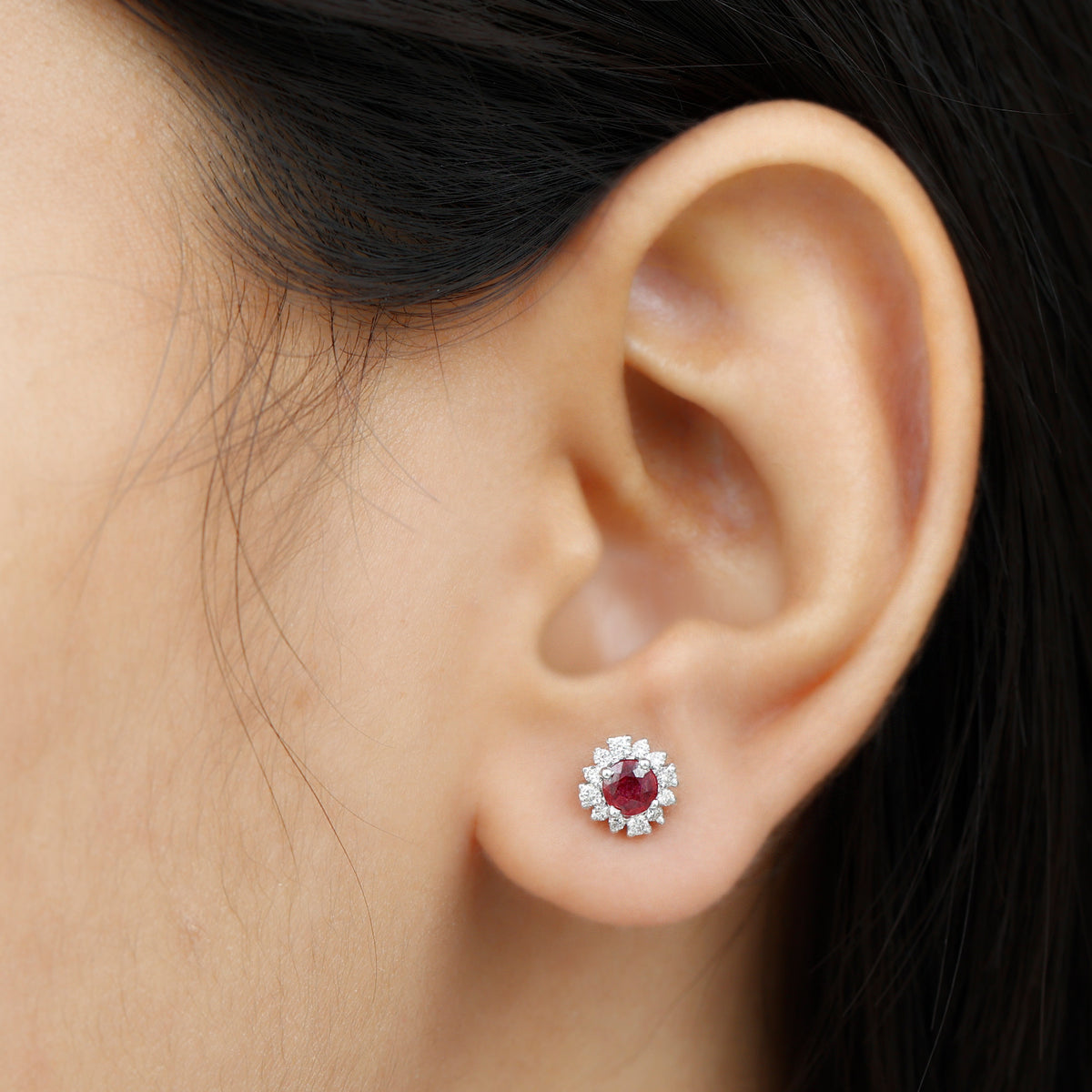 Genuine Ruby Stud Earrings with Diamond Halo AAA - Rosec Jewels