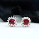 Genuine Ruby Stud Earrings with Diamond Halo AAA - Rosec Jewels