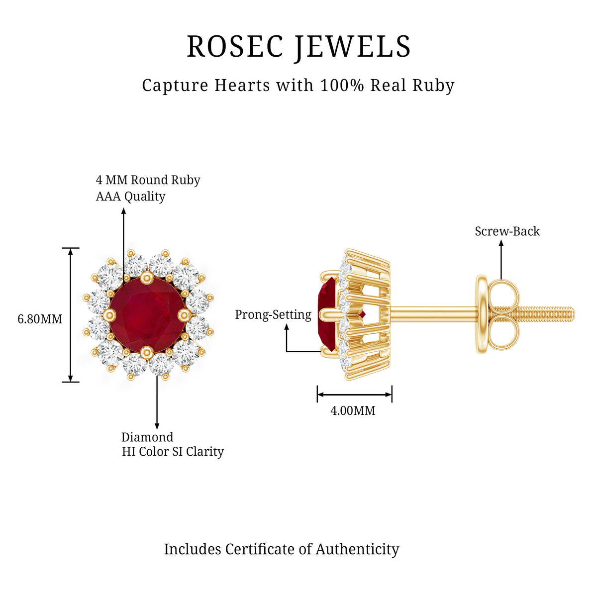Genuine Ruby Stud Earrings with Diamond Halo AAA - Rosec Jewels