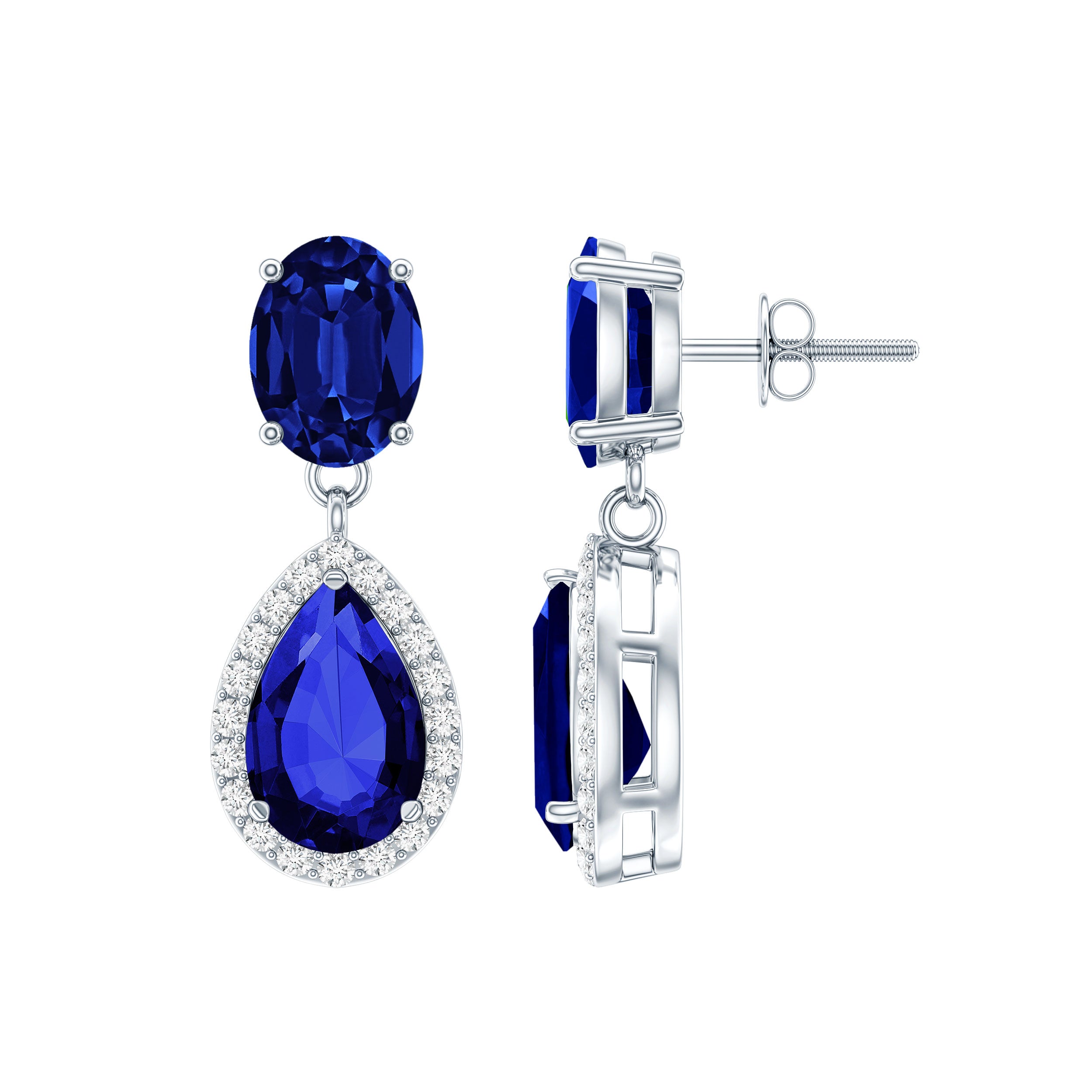 Lab Grown Blue Sapphire Bridal Dangle Earrings with Moissanite
