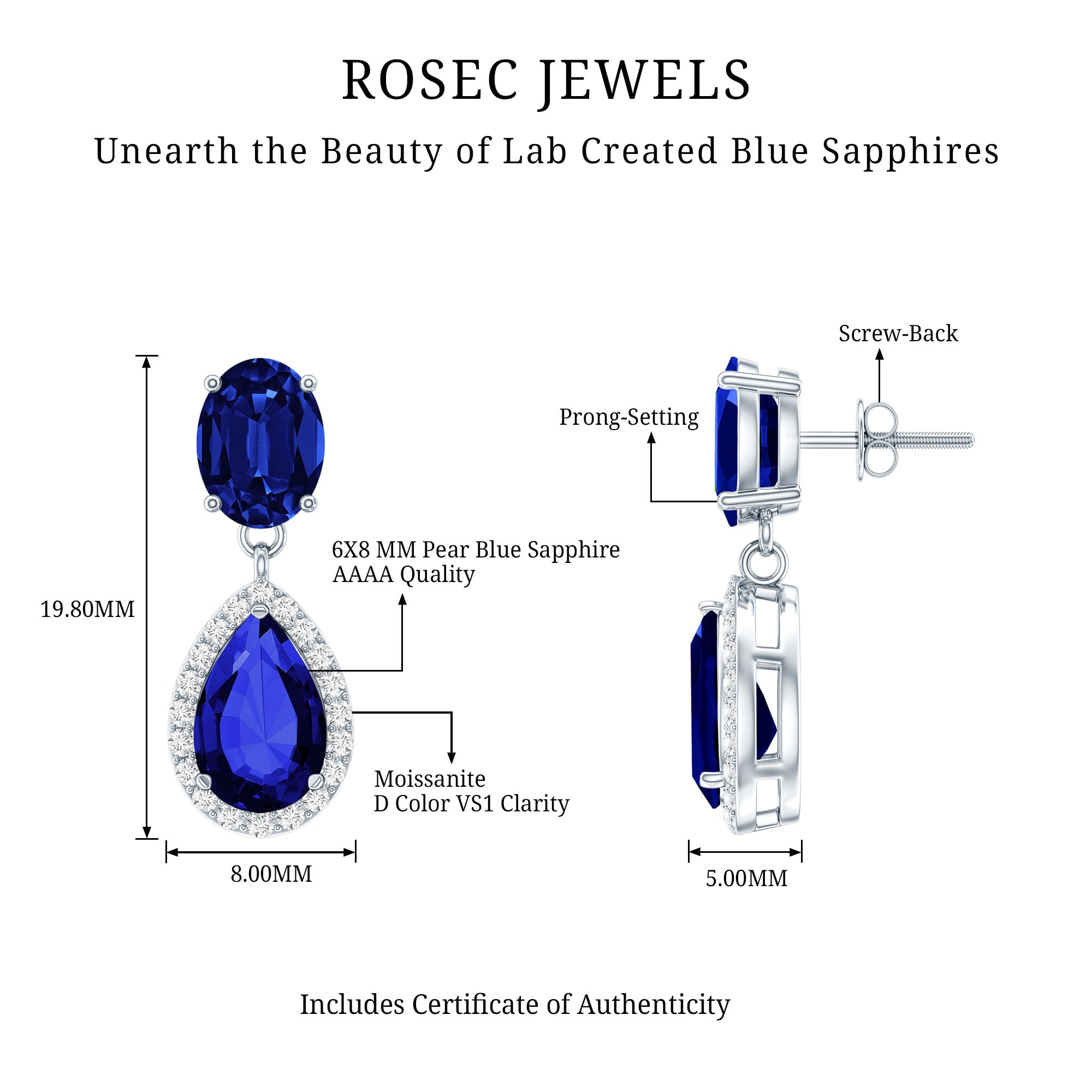 Lab Grown Blue Sapphire Bridal Dangle Earrings with Moissanite AAAA - Rosec Jewels