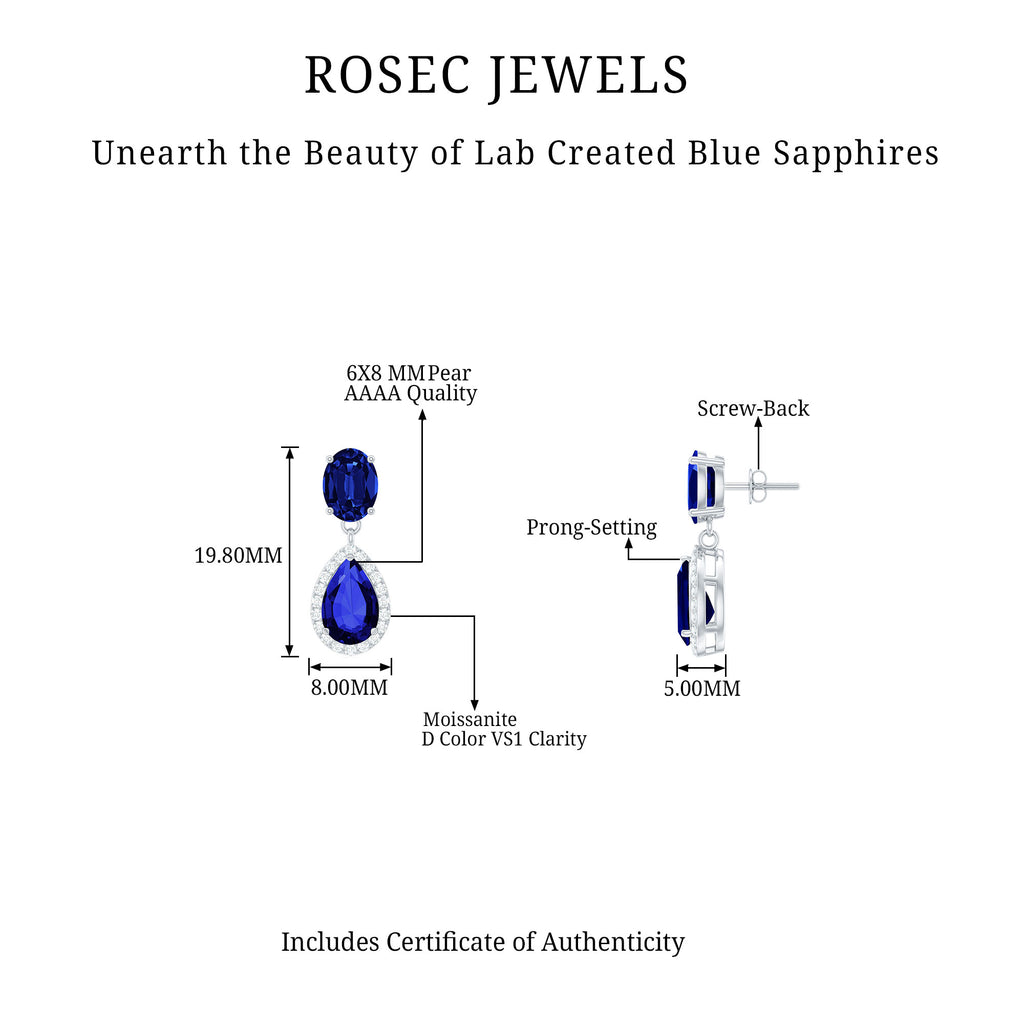 5.5 CT Classic Created Blue Sapphire Silver Dangle Earrings with Moissanite - Rosec Jewels