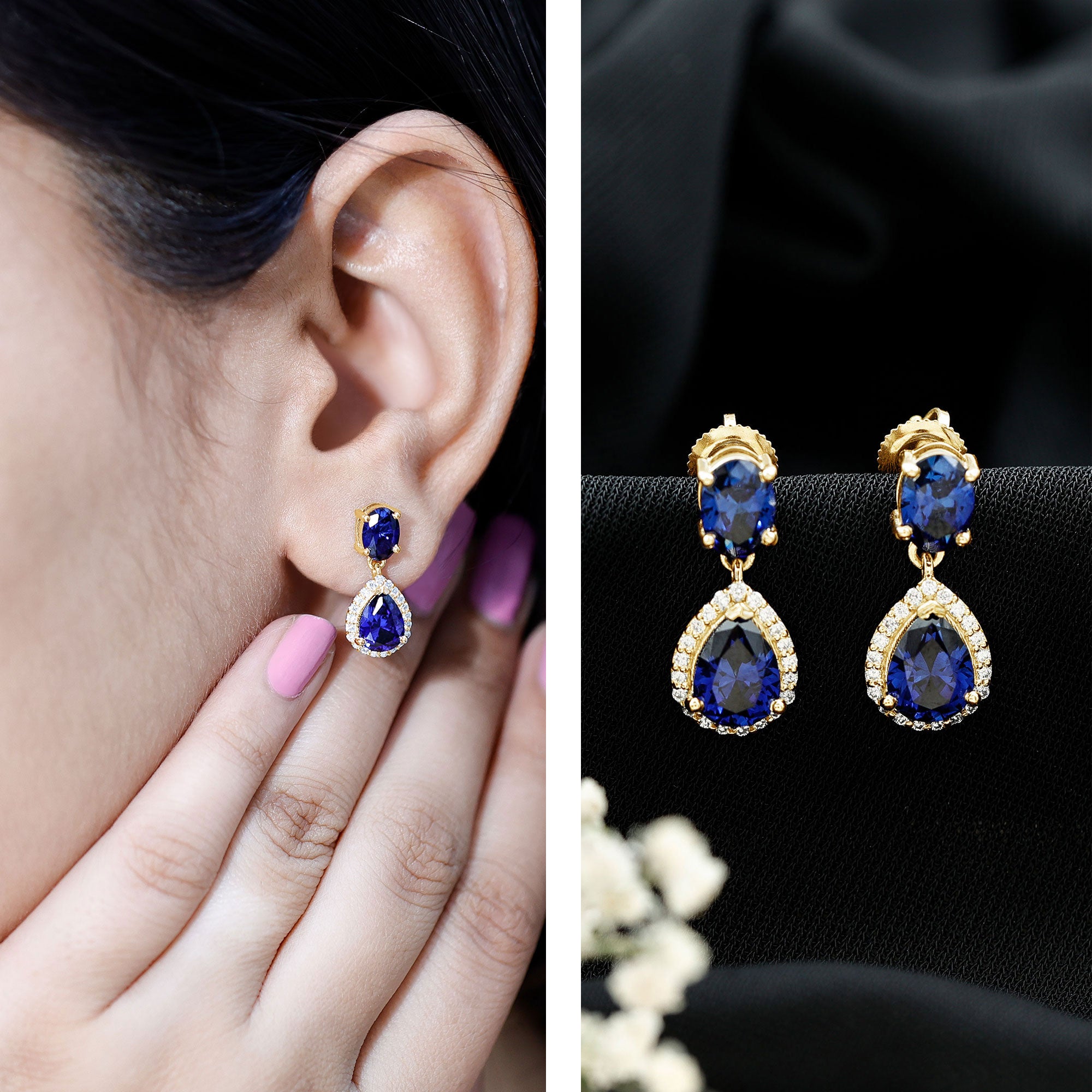 Lab Grown Blue Sapphire Bridal Dangle Earrings with Moissanite AAAA - Rosec Jewels