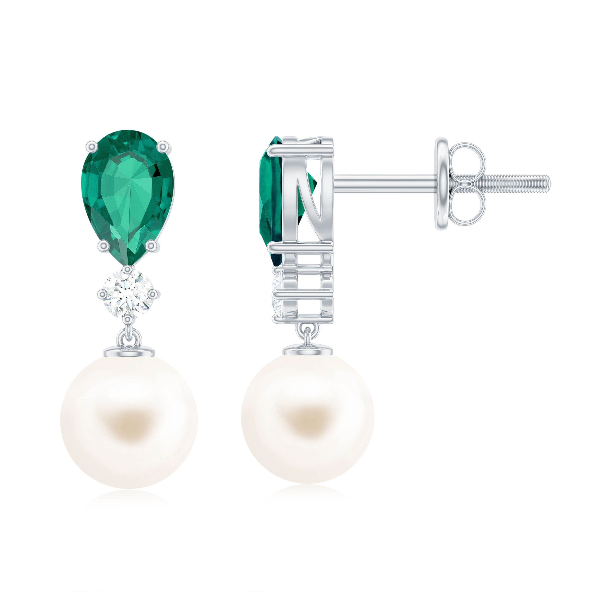 3.75 CT Created Emerald and Moissanite Silver Dangle Earrings with Freshwater Pearl Drop Freshwater Pearl - ( AAA ) - Quality 92.5 Sterling Silver - Rosec Jewels